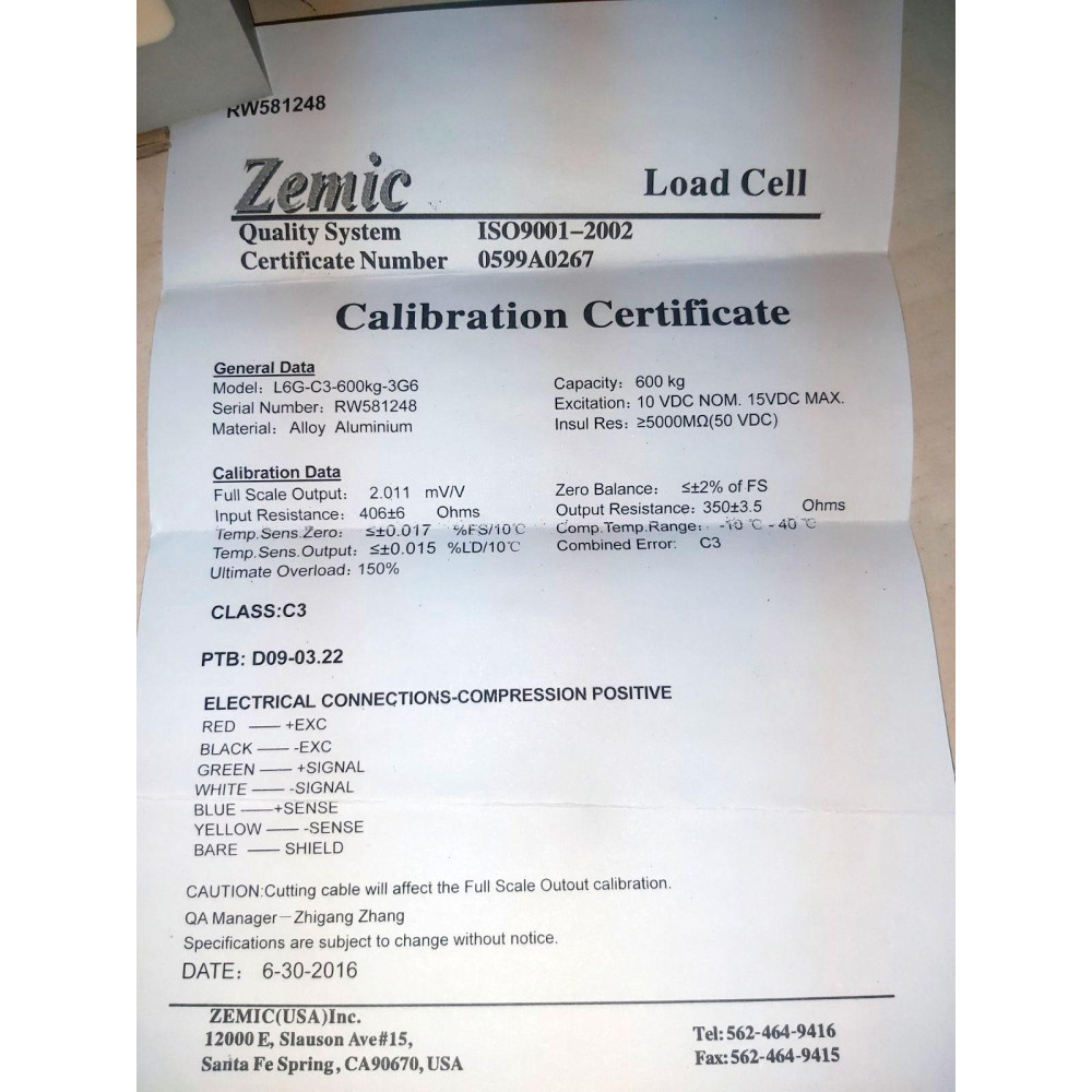 Тензодатчик Zemic L6G-C3-600kg-3G6